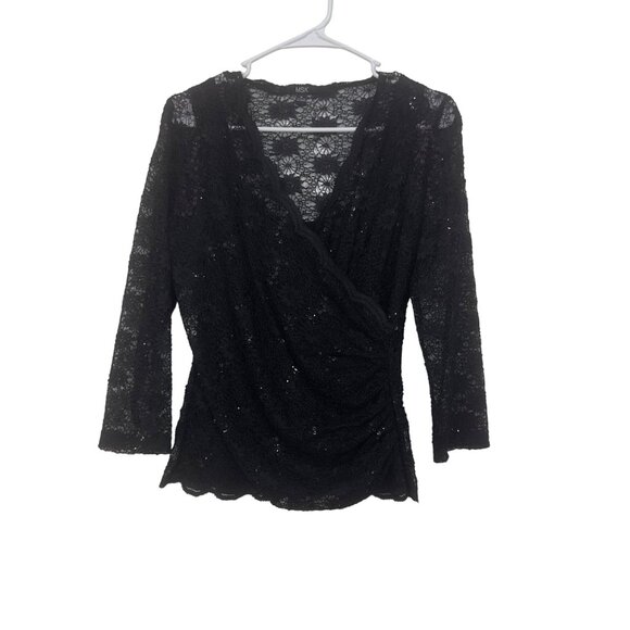 MSK Womens Black Lace Sequined V-Neck Wrap Top Blouse Size M Nylon Spandex - Picture 1 of 10